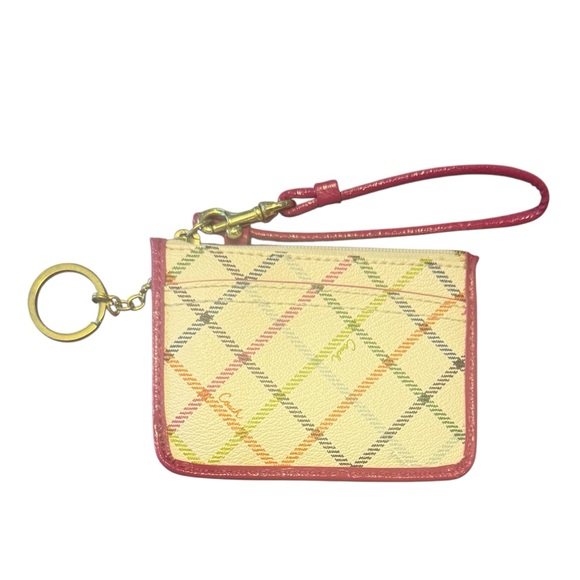 Coach Cream Plaid Card Holder with Pink Trim and Gold Hardware